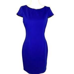 Tahari Royal Blue Flattering Sheath Dress with Black Leather Piping Size 6